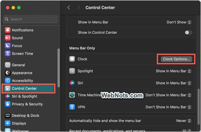 Open Clock Options in Mac