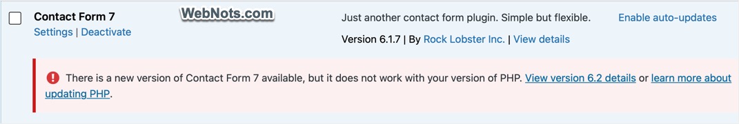 PHP Version Warning with Plugin Update