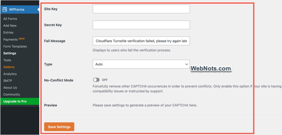 Add Keys in WPForms Captcha Section