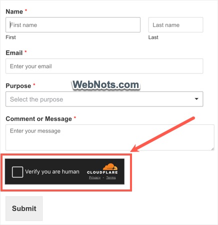 Cloudflare Turnstile Verification Box on Contact Form