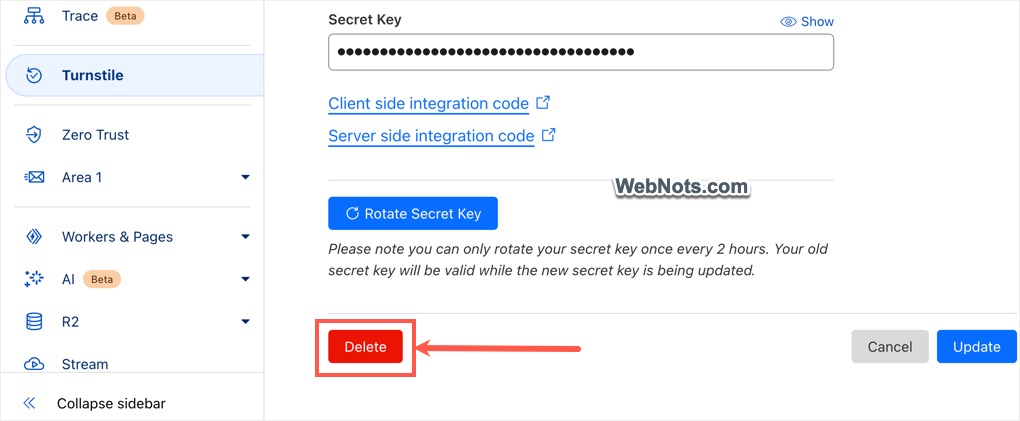 Delete Site and Secret Keys in Cloudflare