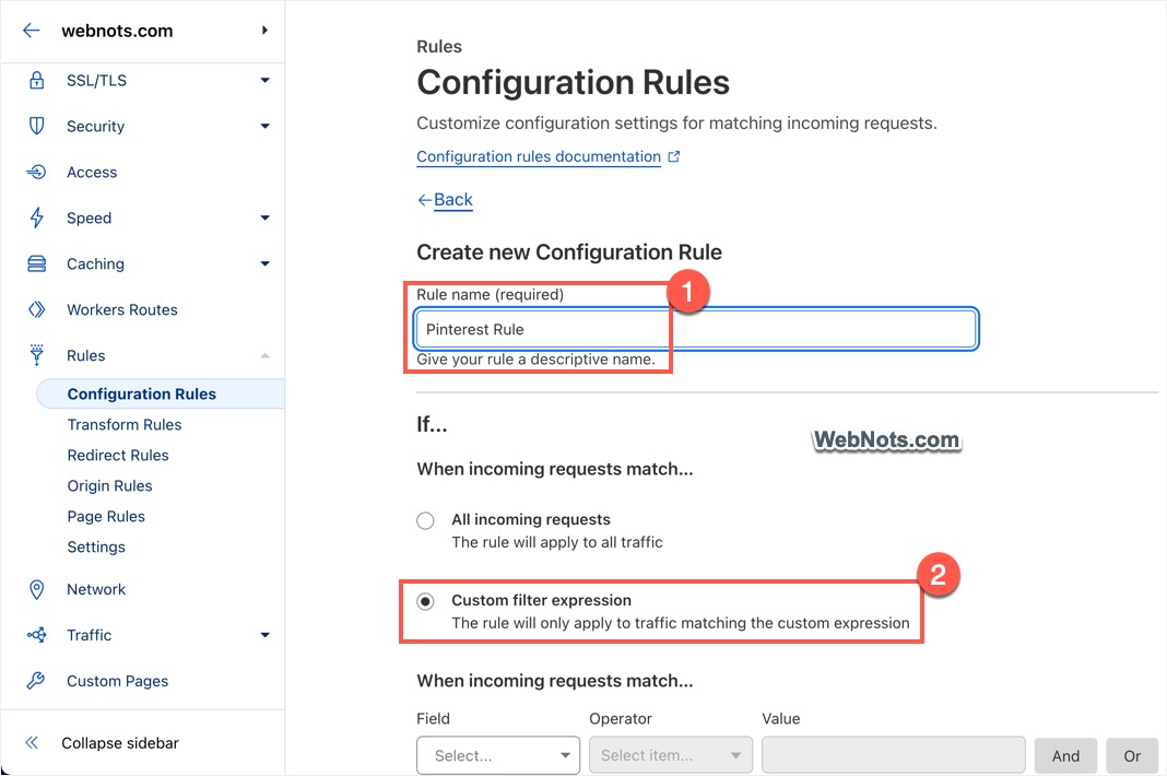 Enter Rule Name and Select Custom Filter