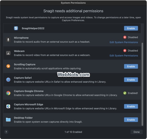 List of Snagit Permissions