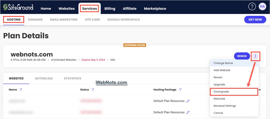 Downgrade SiteGround Hosting Plan