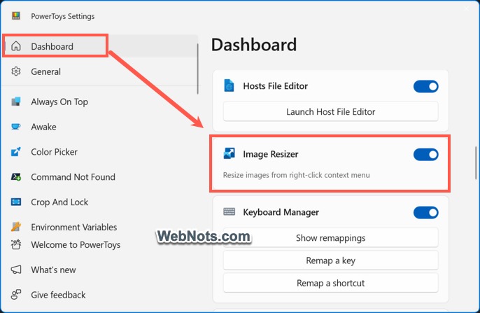Enable Image Resizer from Dashboard