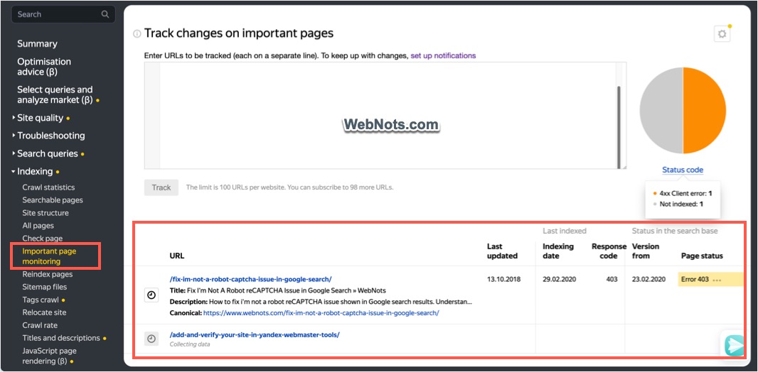 Monitor Important Pages in Yandex