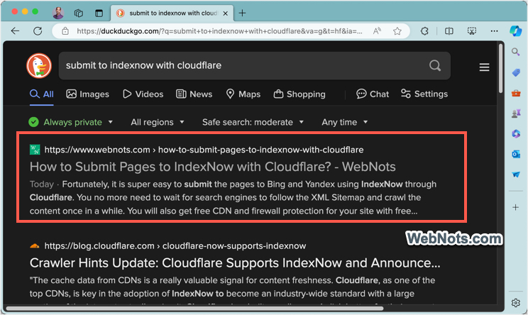 Page Indexed Instantly in DuckDuckGo