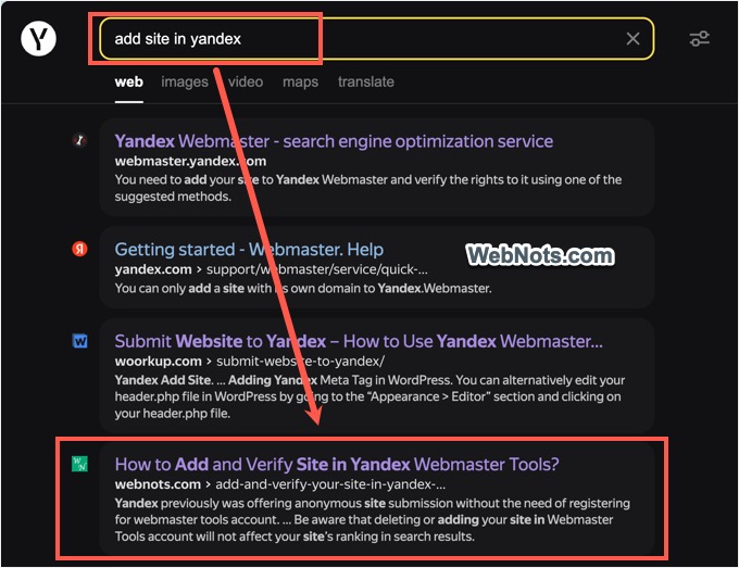 Page Indexed in Yandex Search