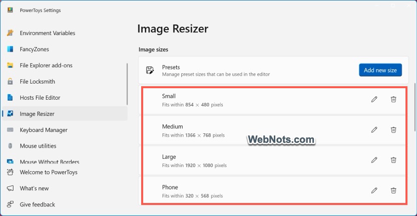 Preset Image Sizes