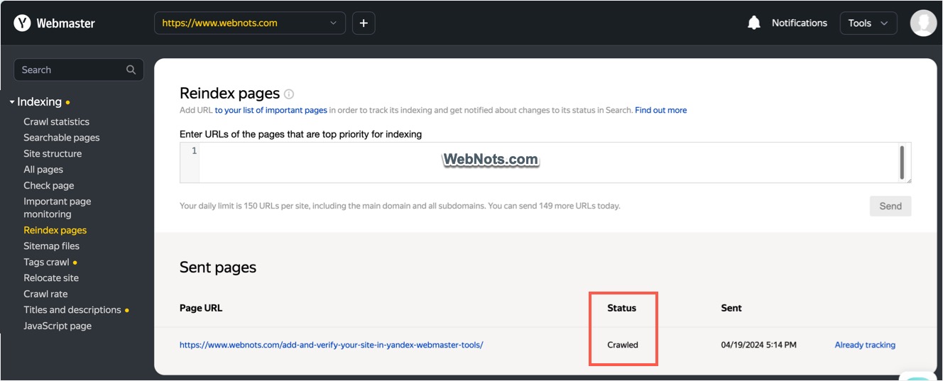 Reindex Request Crawled in Yandex
