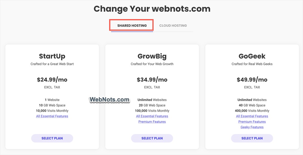 Select Shared Hosting Plan