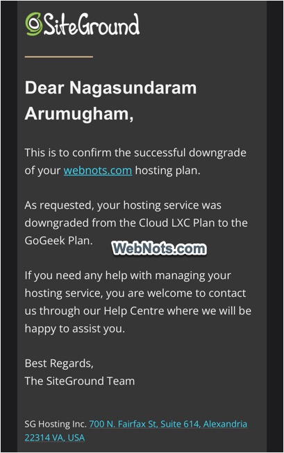 Successful Downgrade Email from SiteGround