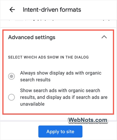 Additional Ad Intent Settings