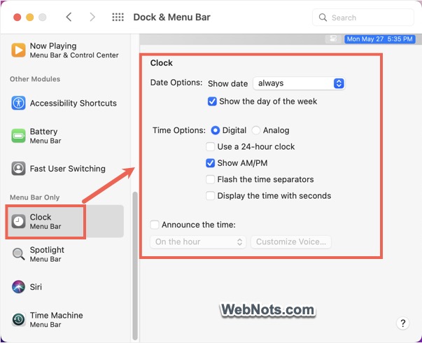 Menu Bar Clock Settings in macOS Monterey