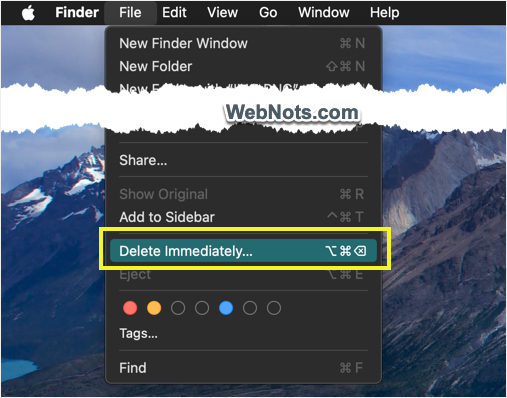 Delete Immediately Menu in Finder
