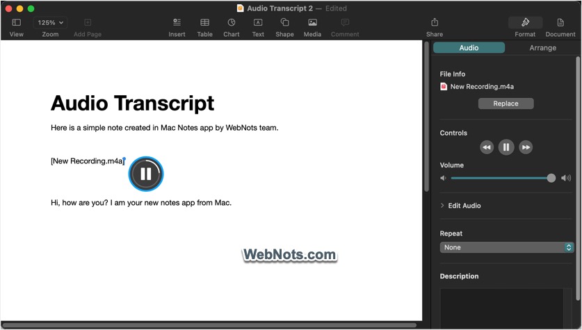 Send Note to Pages with Audio and Transcript