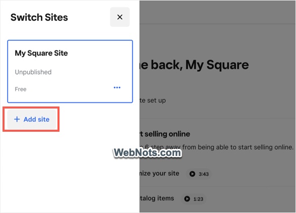 Add Site in Square Online Dashboard