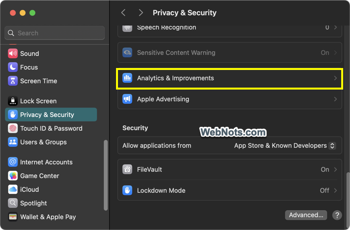 Analytics and Improvement Settings in Mac