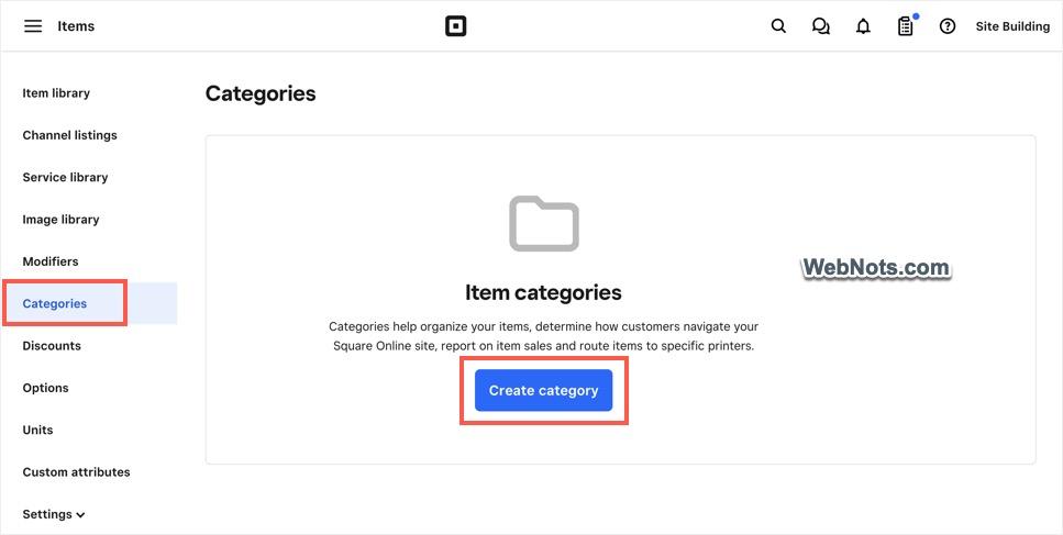 Categories in Square Dashboard