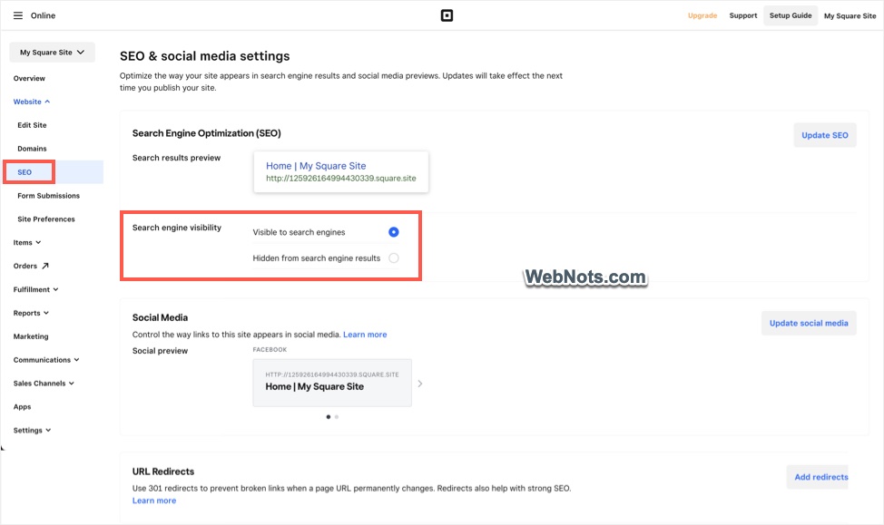 Site Level Settings for Square Online