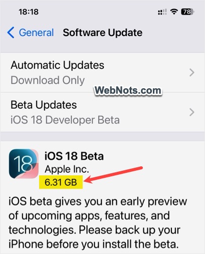 Check iOS Update File Size