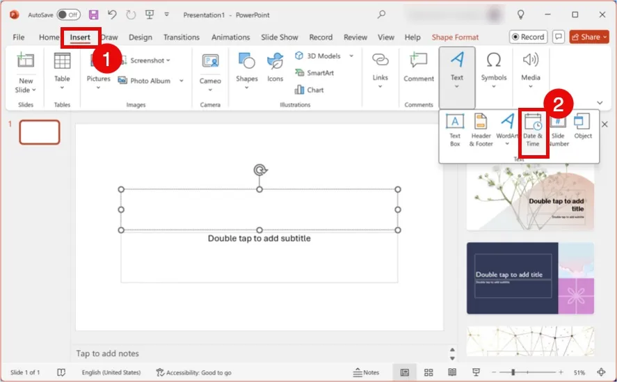 Date and Time Menu in PowerPoint