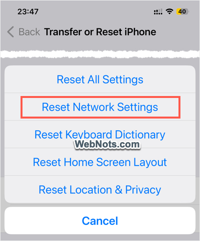 Reset iPhone Network