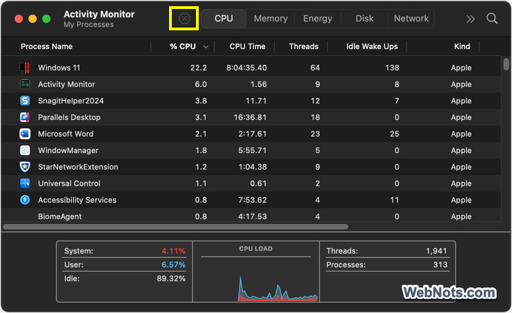 Activity Monitor CPU Section