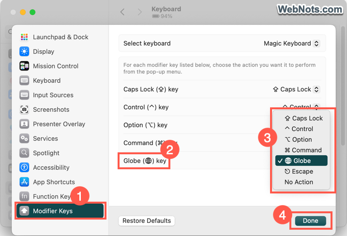 Change Fn or Globe Key Mapping