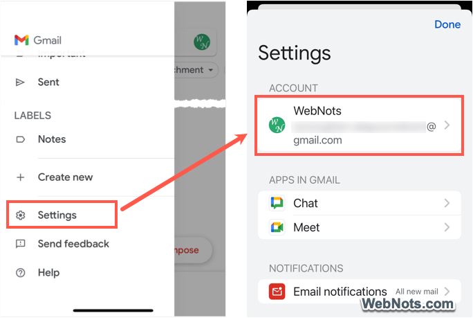 Gmail Settings in Mobile App