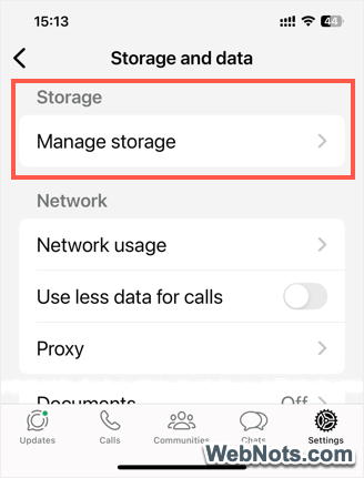 Manage Storage Setting in WhatsApp