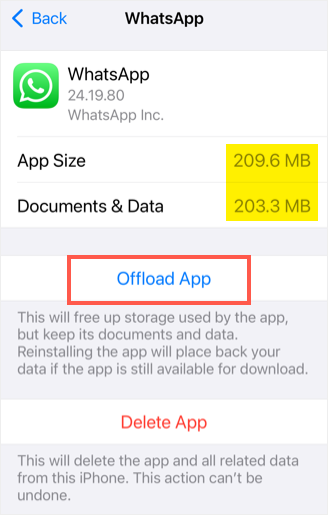 Offload WhatsApp in iPhone