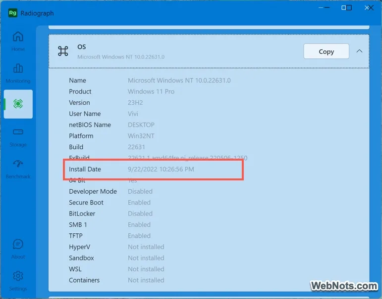 OS Install Date in Radiograph App