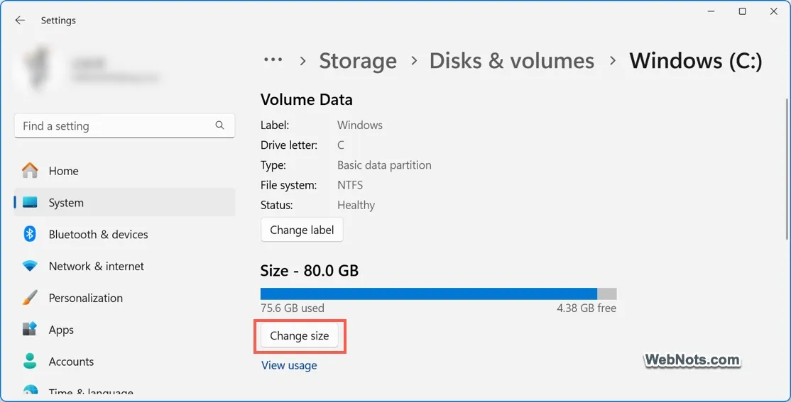 Change Size for Volume