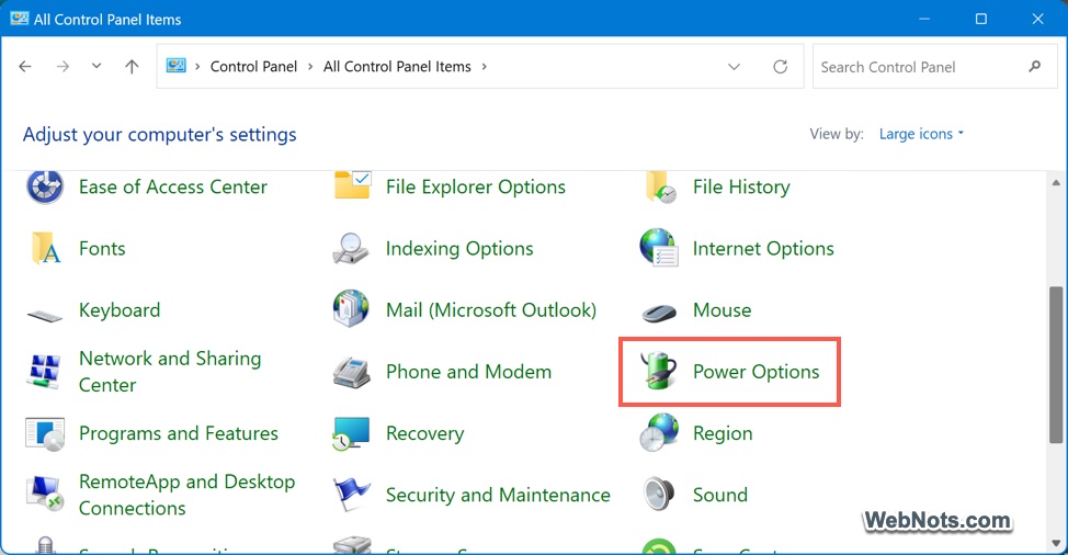 Control Panel Power Options