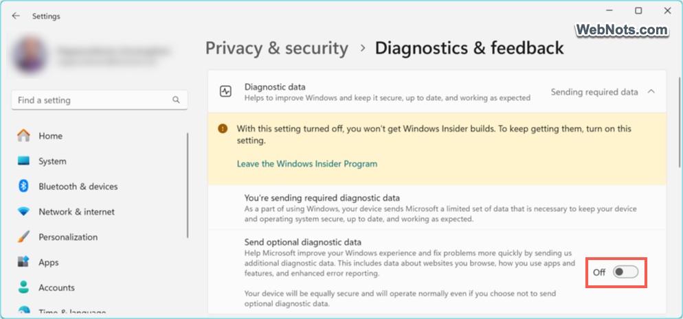 Disable Optional Diagnostic Data