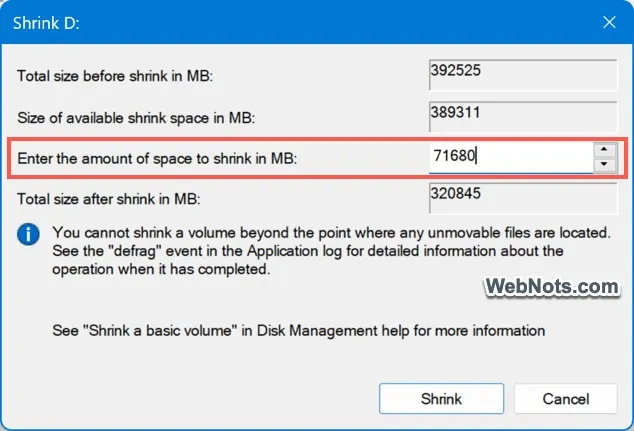 Enter Shrink Size in MB