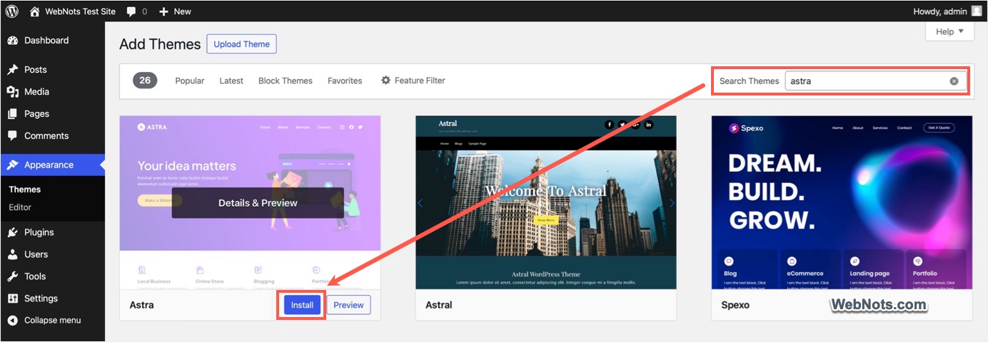 Find and Install Astra Theme