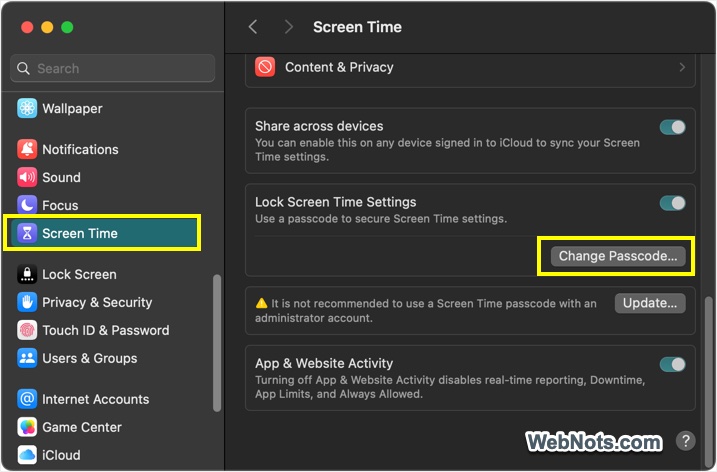 Change Screen Time Passcode in Mac