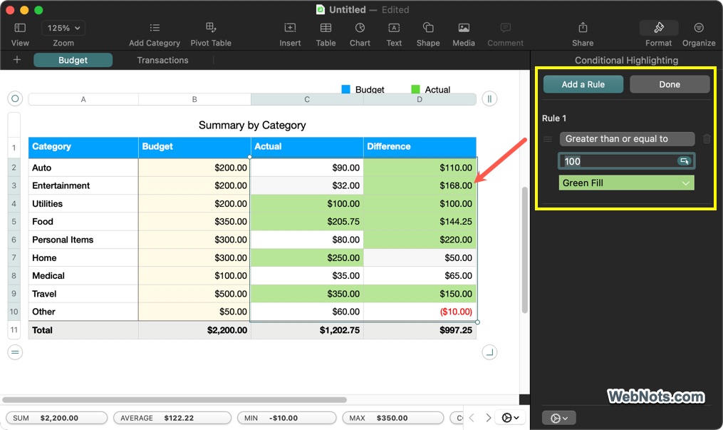 Conditional Highlighting in Numbers App