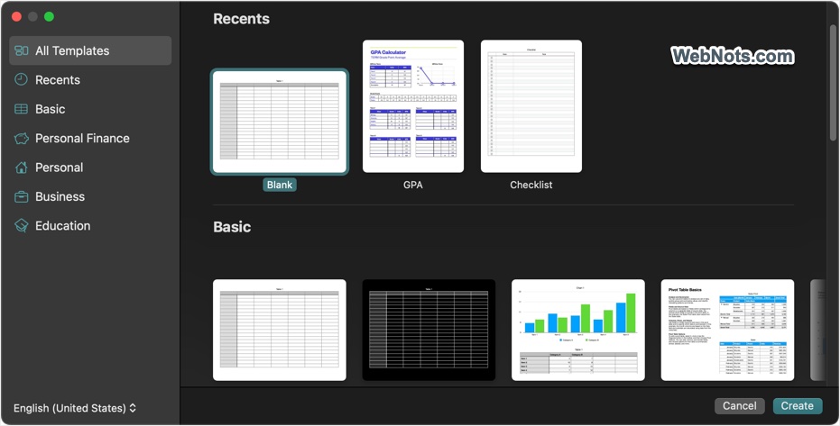 Open Templates in Numbers