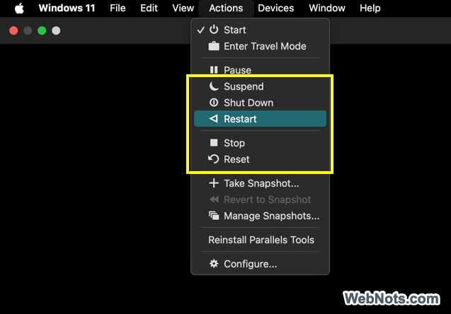 Restart Windows in Parallels