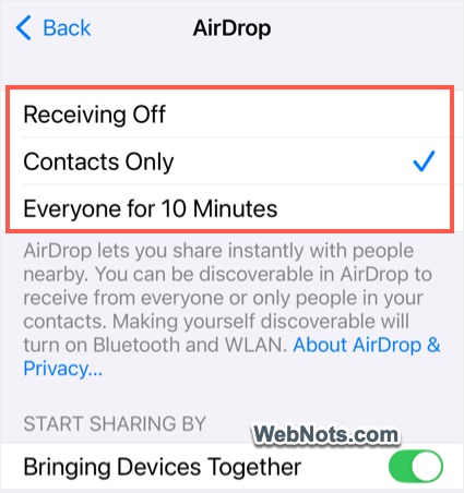 Set AirDrop Visibility in iPhone