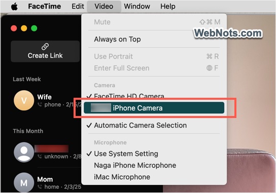 Use iPhone Camera in Mac FaceTime