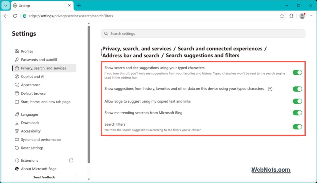 Disable Search Suggestions in Edge