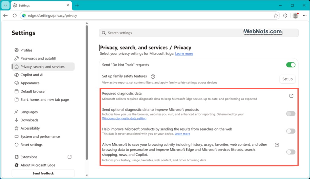 Disable Sharing Diagnostic Data from Edge