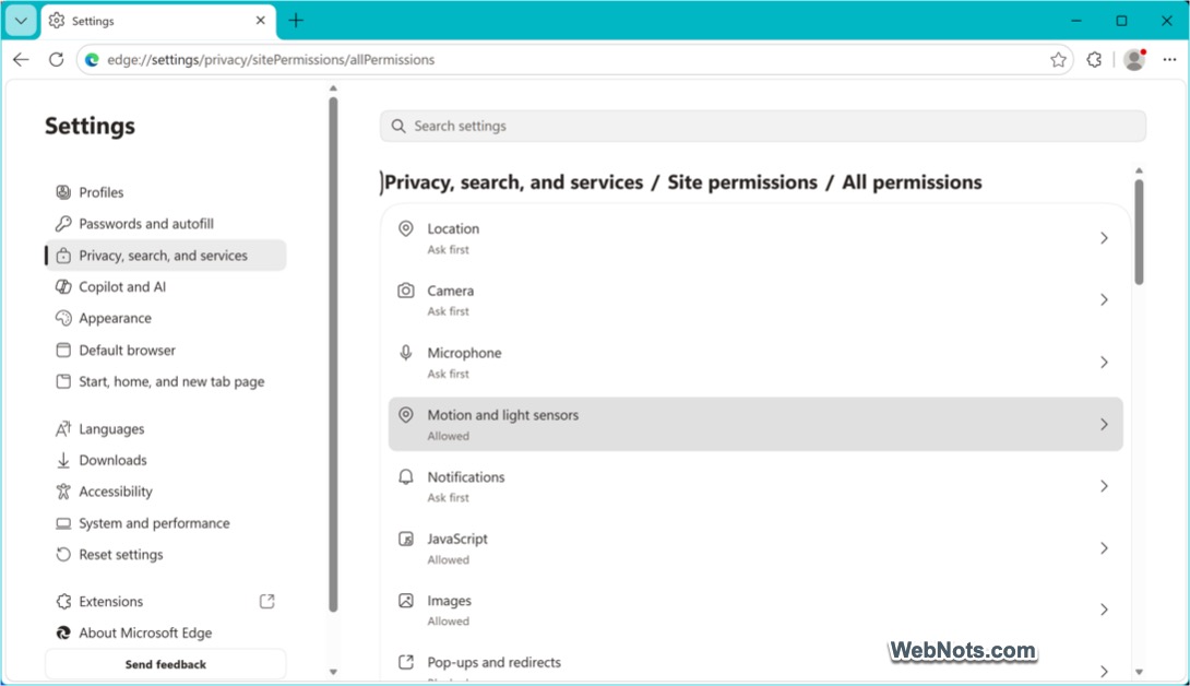 Edge Website Permission Settings