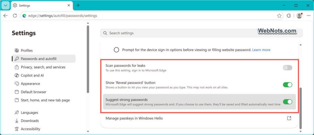 Microsoft Password Manager Settings in Edge