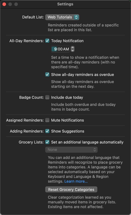 Reminders App Settings