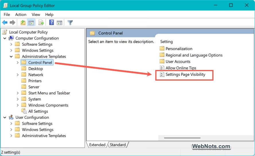 Settings Page Visibility Policy